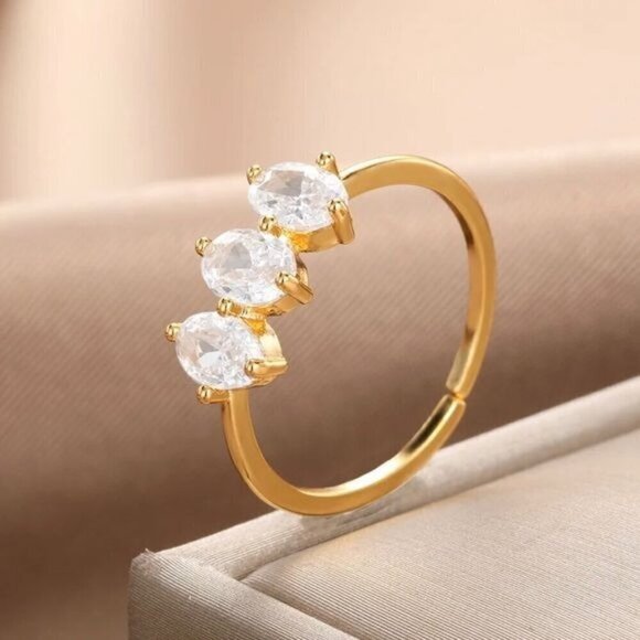 NEW Dainty Three Oval Cristal Ring 14K Gold Plated Adjustable Fairy - Picture 1 of 7
